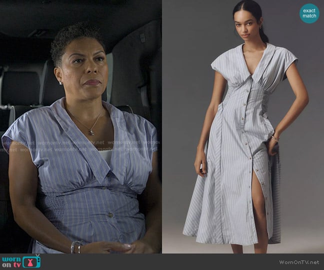 Anthropologie Short-Sleeve V-Neck Pleated Midi Dress worn by Rosie Edwards (April Parker Jones) on Reasonable Doubt