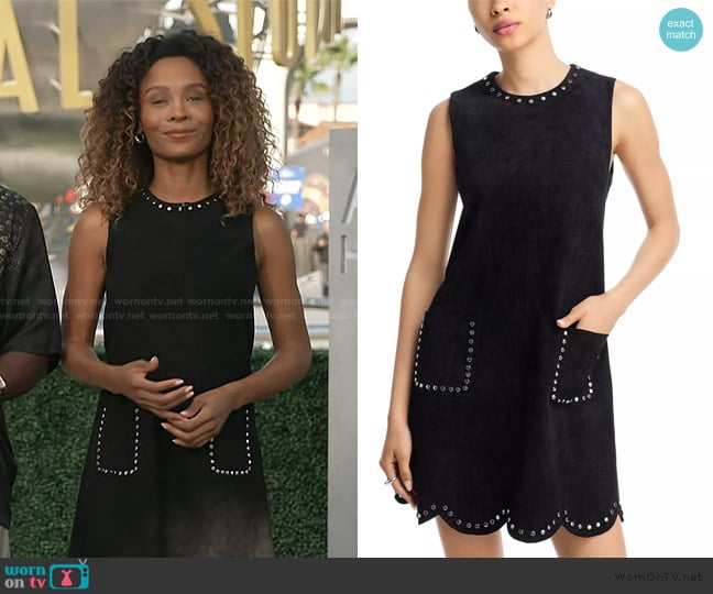 Aqua Faux Suede Scalloped Shift Dress worn by Zuri Hall on Access Hollywood