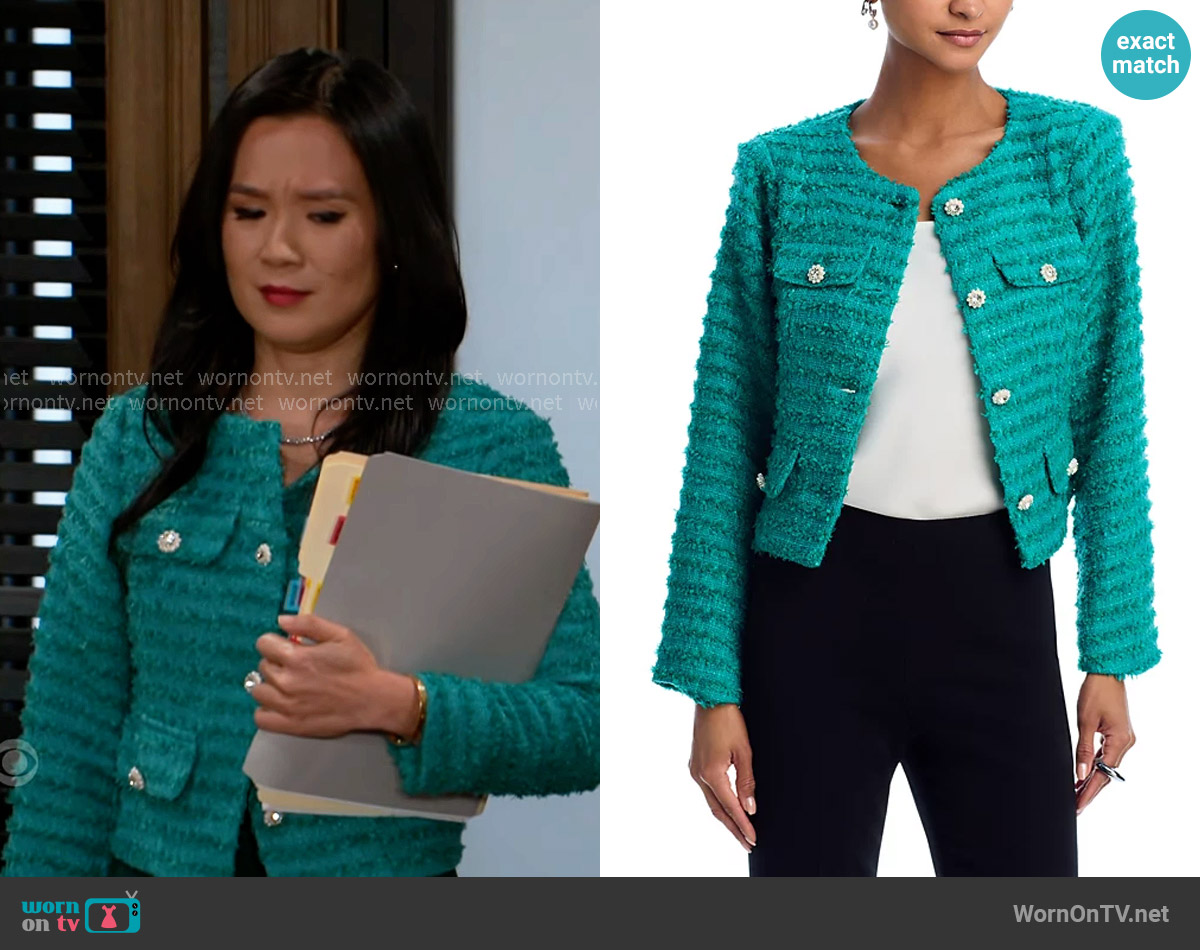 Aqua Flap Pocket Tweed Blazer worn by Caroline Lee (Ellie Wang) on Beyond the Gates