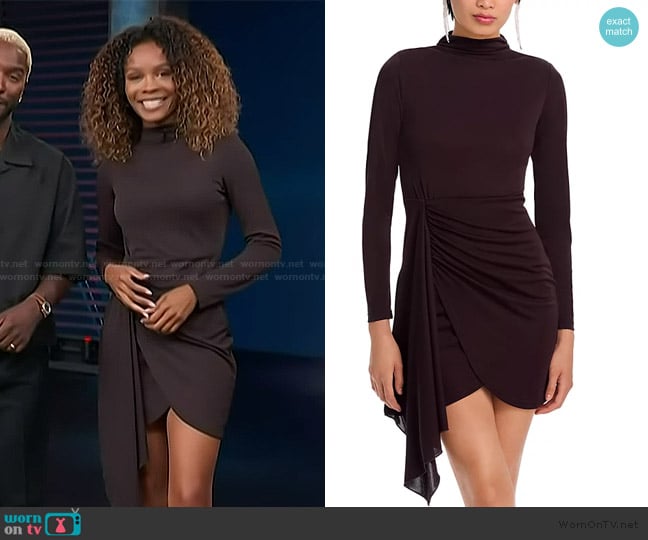 Aqua Long Sleeve Jersey Mock Neck Wrap Skirt Dress worn by Zuri Hall on Access Hollywood
