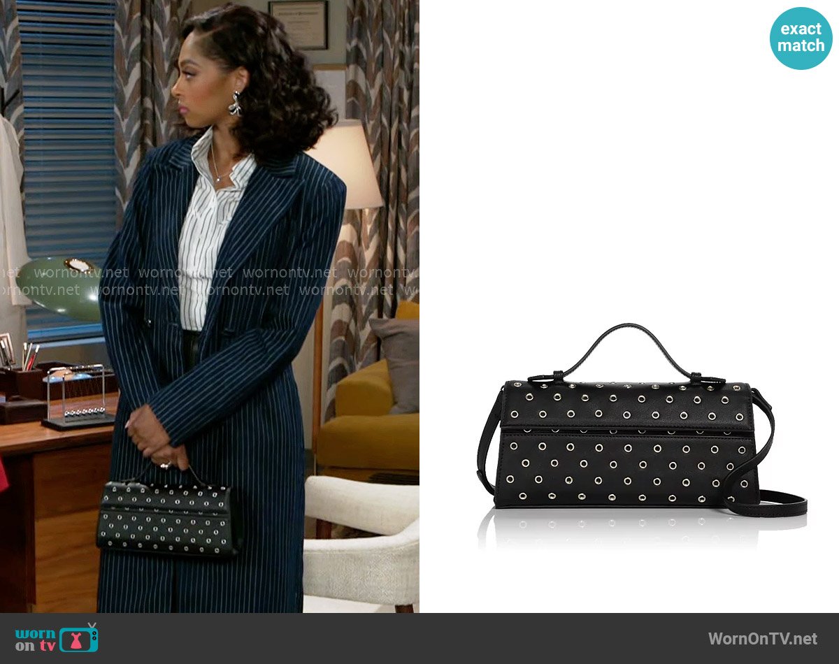Aqua Studded East West Top Handle Bag worn by Kat Richardson (Colby Muhammad) on Beyond the Gates
