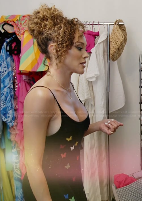 Ashley's black butterfly print dress on The Real Housewives of Potomac