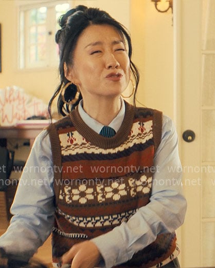 Ashley’s printed sweater vest on Nobody Wants This