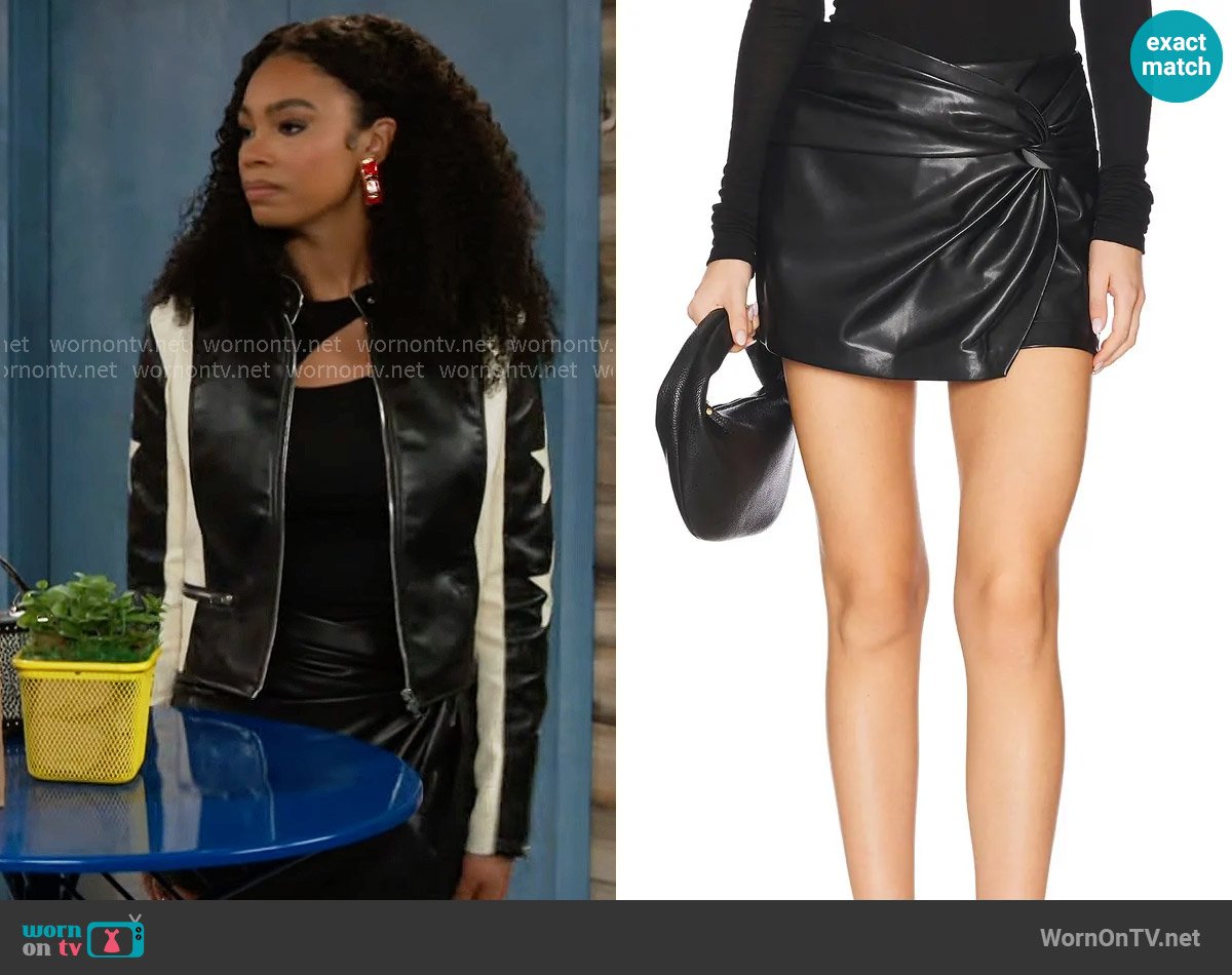 Chelsea’s leather mini skirt on Beyond the Gates