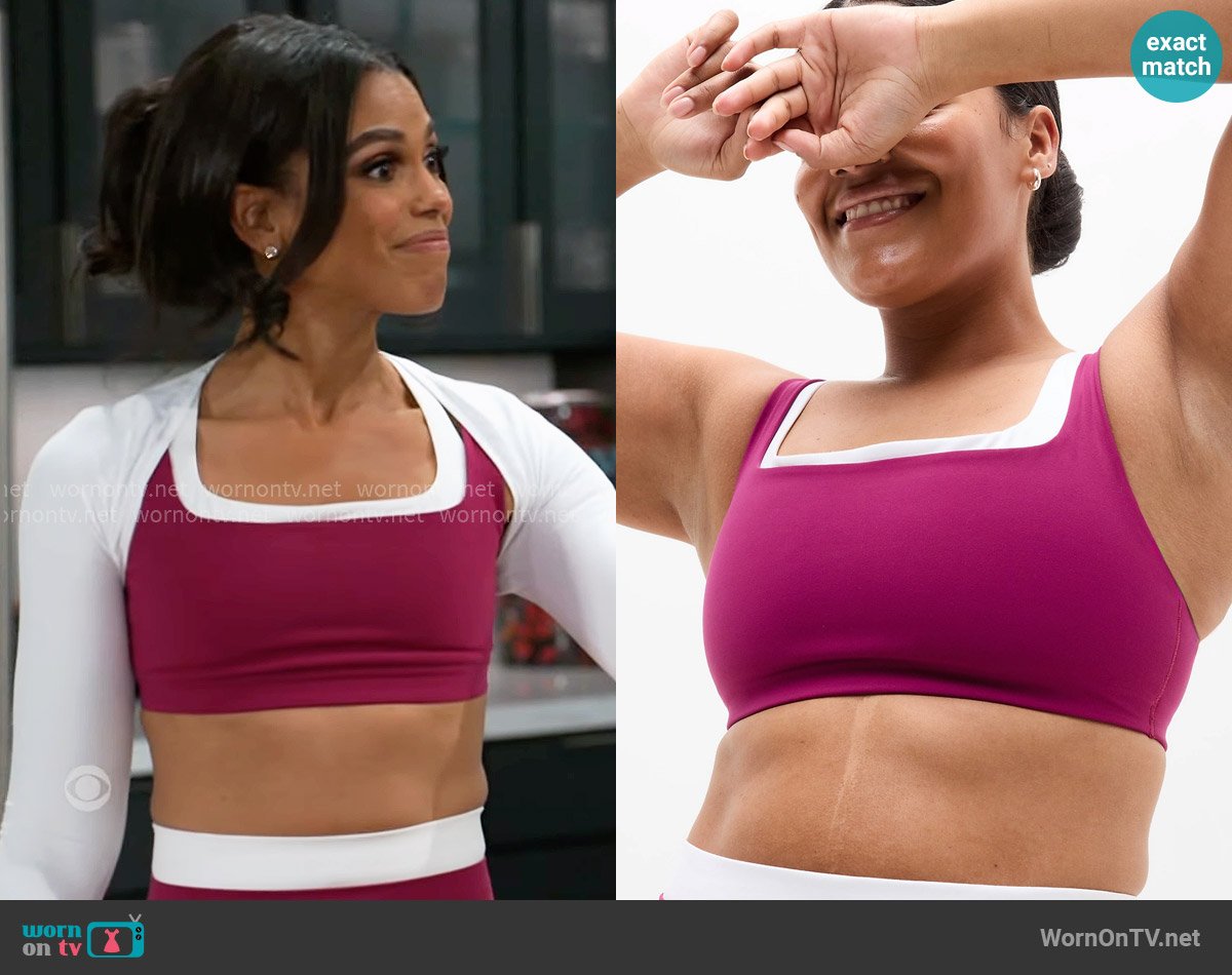 Athleta Double Up Sports Bra in Wildberry worn by Dani Dupree (Karla Mosley) on Beyond the Gates
