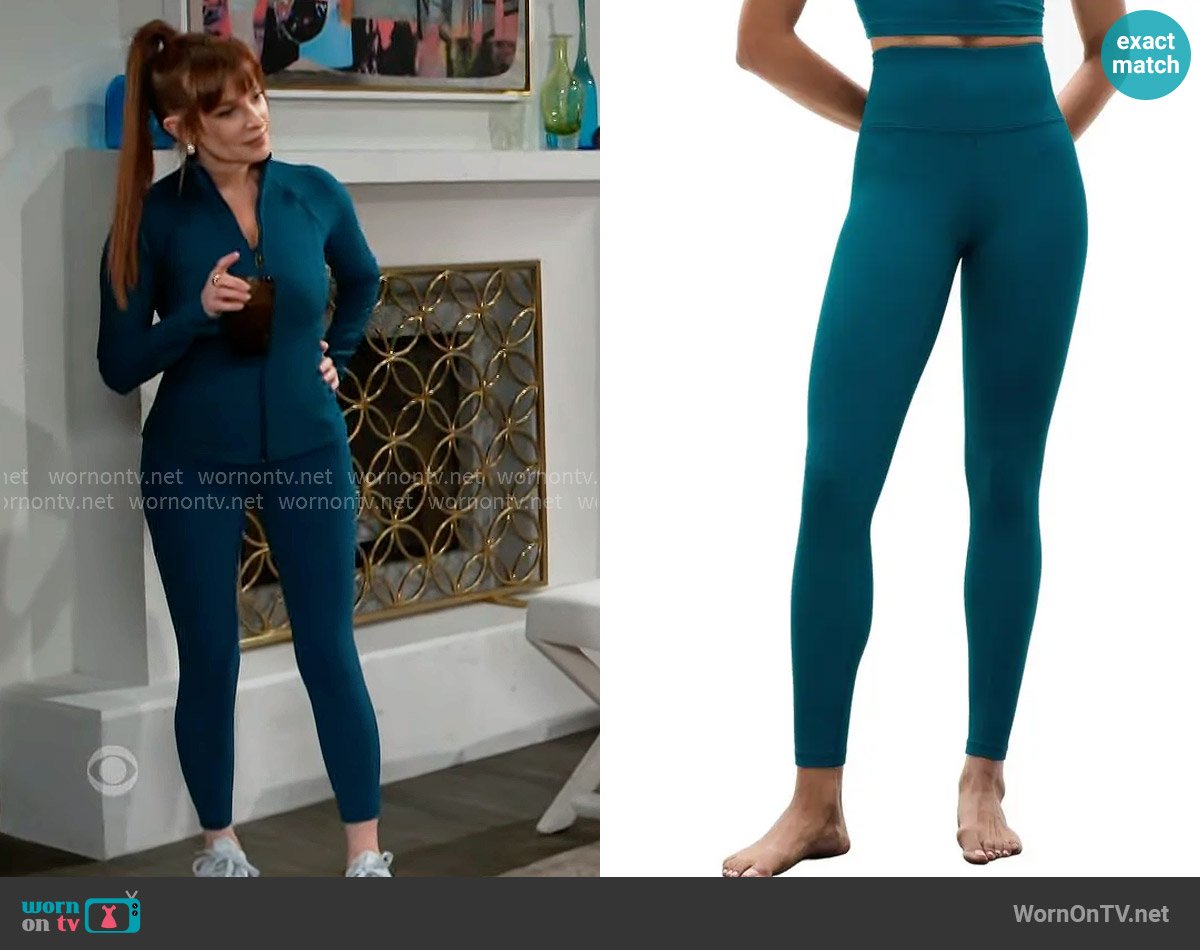 Athleta Elation Ultra High Rise Rib Legging in Coastal Teal worn by Pamela Curtis (Cady McClain) on Beyond the Gates