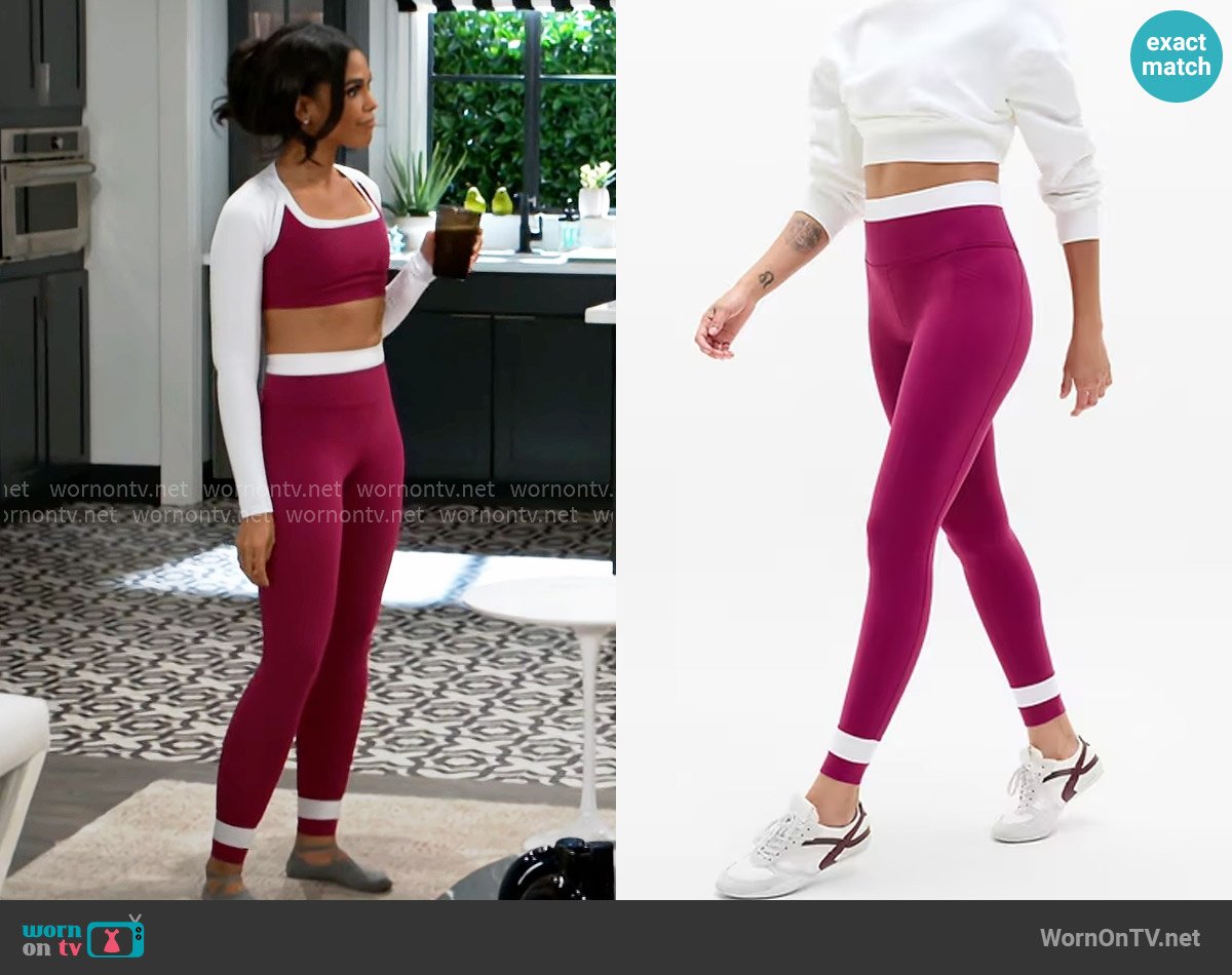 Athleta Salutation Stash High Rise Double Up Lift Legging in Wildberry worn by Dani Dupree (Karla Mosley) on Beyond the Gates