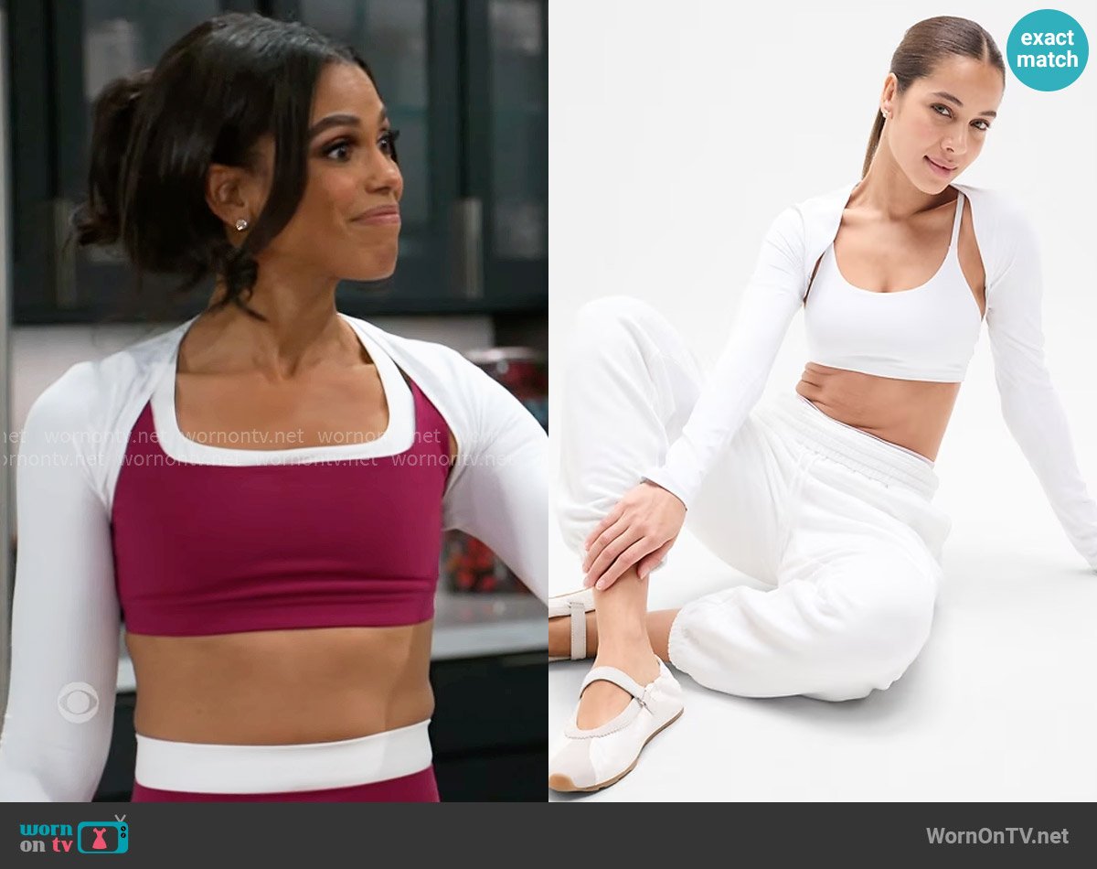Athleta Transcend Shrug in White worn by Dani Dupree (Karla Mosley) on Beyond the Gates