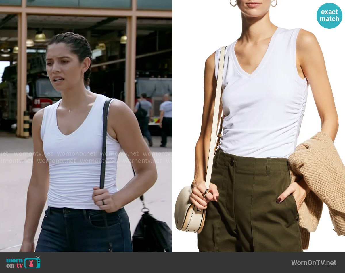 ATM Anthony Thomas Melillo Pima Cotton Ruched V-Neck Tank worn by Stella Kidd (Miranda Rae Mayo) on Chicago Fire