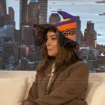 Aubrey’s brown blazer and mini skirt on The Drew Barrymore Show