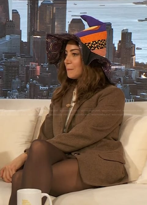Aubrey's brown blazer and mini skirt on The Drew Barrymore Show