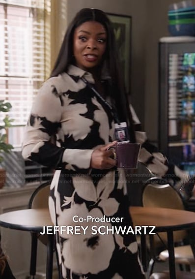 Ava’s black floral print shirtdress on Abbott Elementary