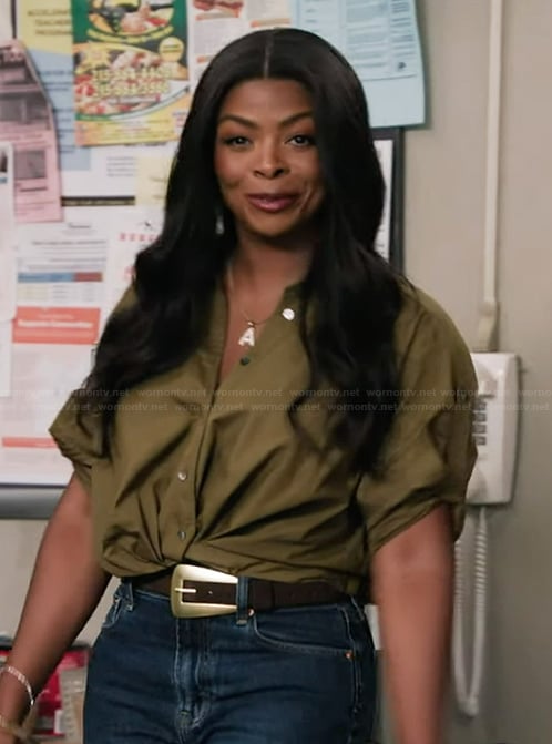 Ava’s mustard twist front top on Abbott Elementary