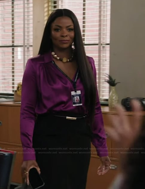 Ava's pink satin wrap top on Abbott Elementary