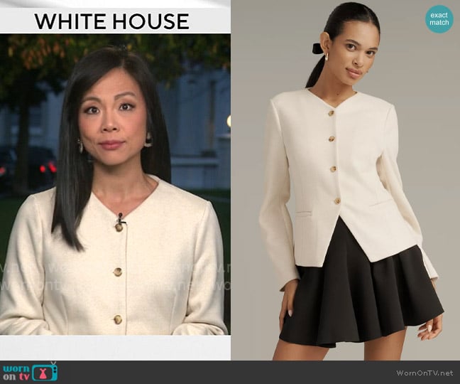 Avec Les Filles Collarless Knit Blazer in Cream Herringbone worn by Weijia Jiang on CBS Mornings