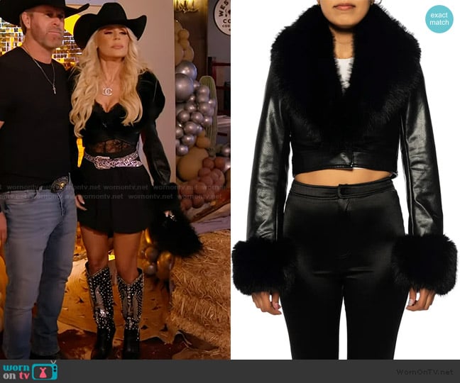 Azalea Wang Gisele Faux Fur Trim Faux Leather Crop Jacket worn by Gretchen Rossi on The Real Housewives of Orange County