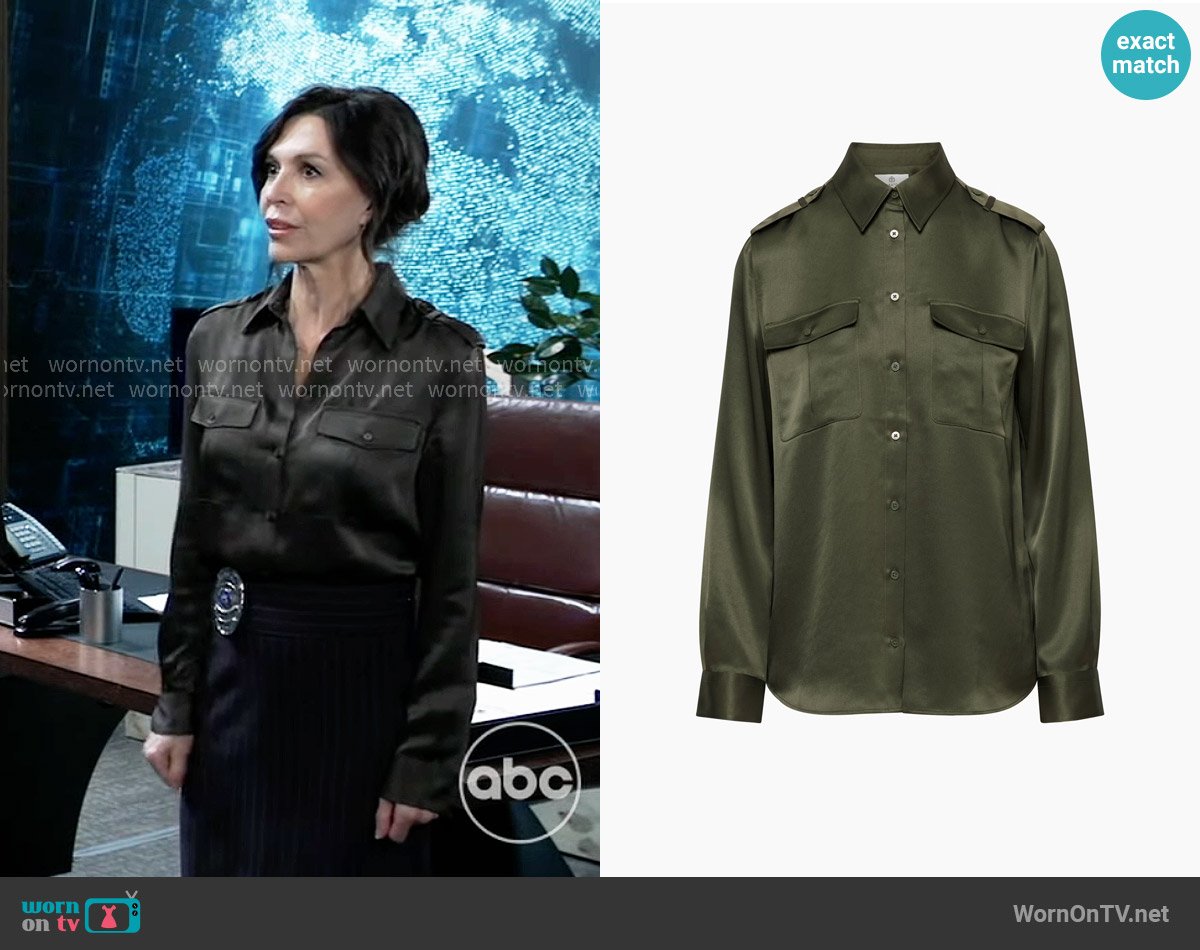 Babaton at Aritzia Dividend Satin Shirt worn by Anna Devane (Finola Hughes) on General Hospital