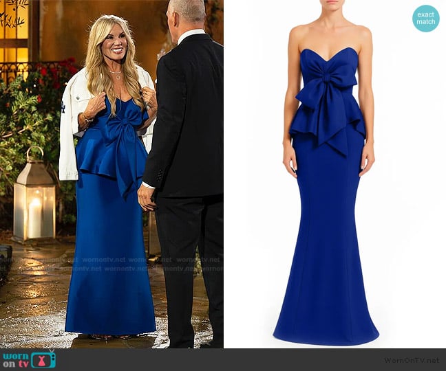Badgley Mischka Bow Detail Strapless Peplum Mermaid Gown worn by Carol Freeman-Branstine on The Golden Bachelor