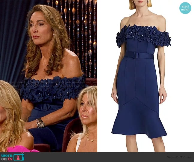 Badgley Mischka Off-The-Shoulder Floral Neoprene Cocktail Dress worn by Robin Rocha on The Golden Bachelor