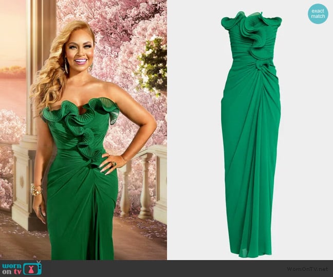 Badgley Mischka Strapless Pleated Ruffle Column Gown worn by Gizelle Bryant on The Real Housewives of Potomac