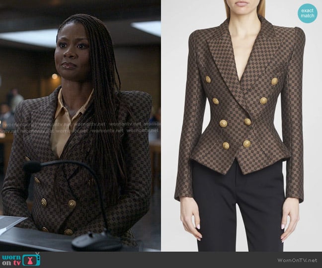 Balmain 8-Button Monogram Jacquard Blazer Jacket worn by Jax Stewart (Emayatzy Corinealdi) on Reasonable Doubt