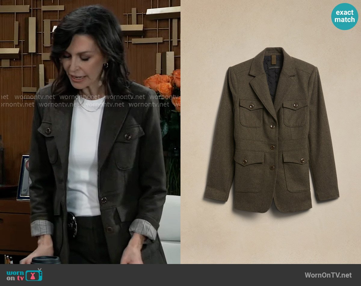 Banana Republic Expedition Blazer in Mountain Olive Green worn by Anna Devane (Finola Hughes) on General Hospital