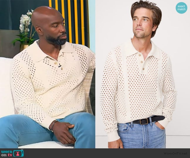 Elliott Cooper’s white open knit polo sweater on Tamron Hall Show
