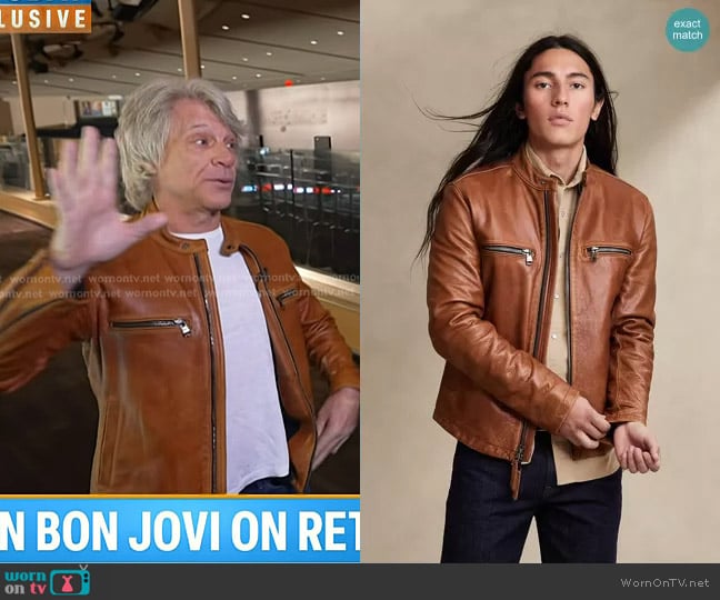 Banana Republic Leather Biker Jacket in Cognac Brown worn by Jon Bon Jovi on Today
