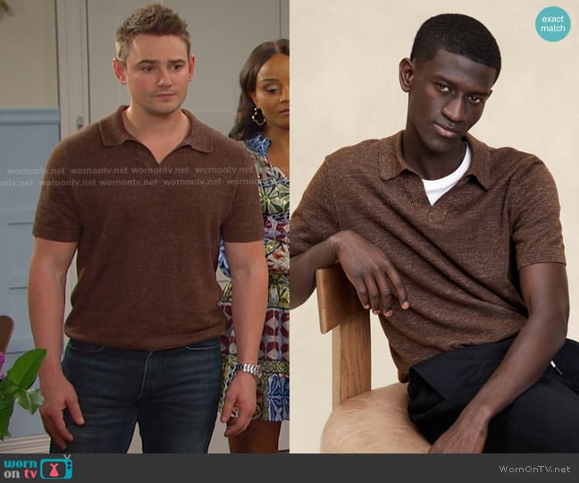 Banana Republic Linen-Cotton Sweater Polo worn by Johnny DiMera (Carson Boatman) on Days of our Lives