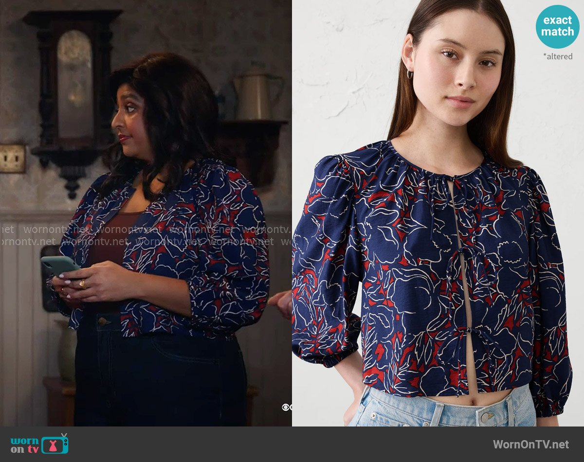 Banana Republic Open Tie-Front Top in Navy Floral worn by Bela (Punam Patel) on Ghosts