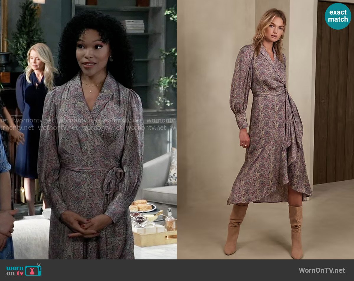 Banana Republic Satin Wrap Maxi Dress in Pale Khaki worn by Portia Robinson (Brook Kerr) on General Hospital