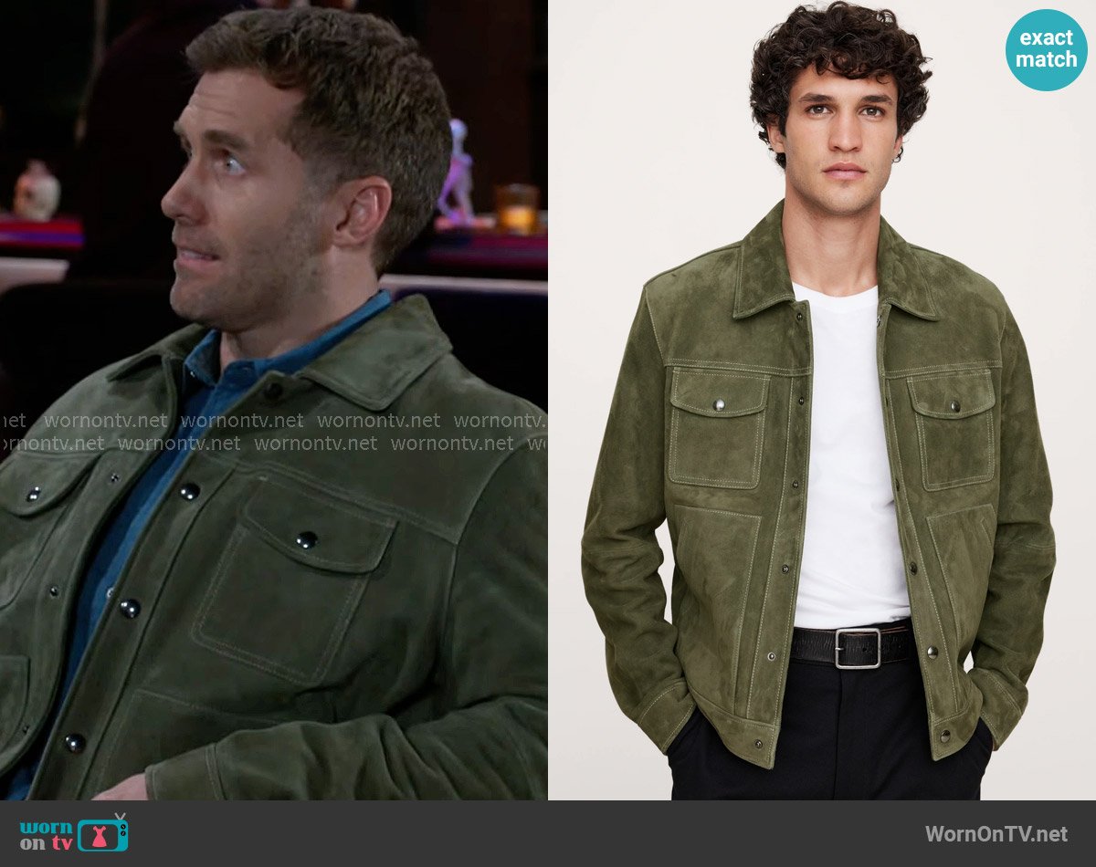 Banana Republic Suede Trucker Jacket in Light Pine Green worn by Derek Baldwin (Ben Gavin) on Beyond the Gates