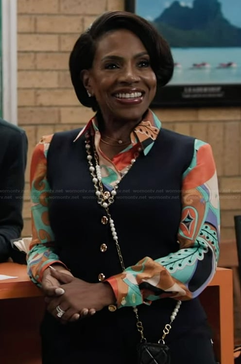 Barbara's printed blouse and vest on Abbott Elementary
