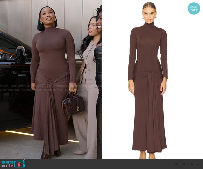 Bardot Alix maxi tie front dress in chocolate worn by Zelie on Selling Sunset