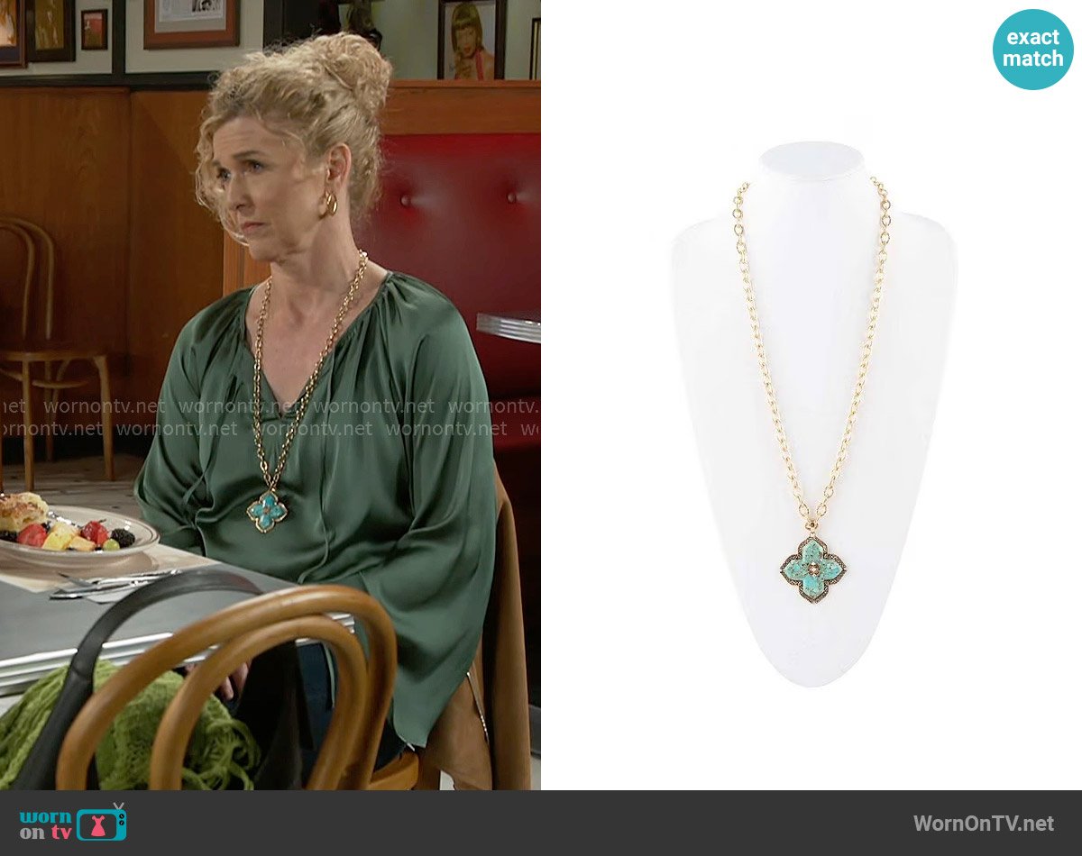 Barse Maltese Cross Golden Chain Pendant Necklace in Turquoise worn by Jan Morgan (Jerri Tubbs) on Beyond the Gates