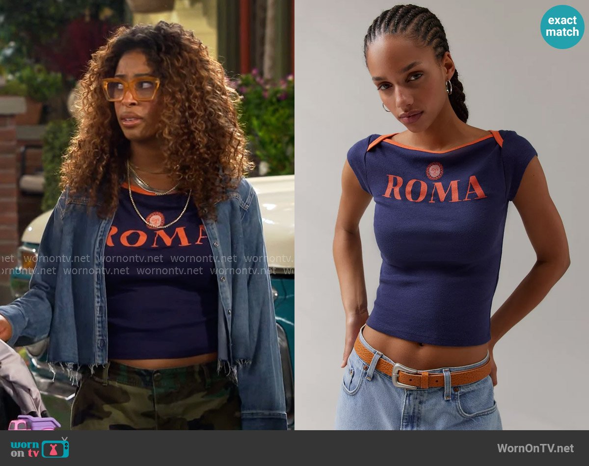 BDG at Urban Outfitters Willow Roma Baby Tee worn by Courtney (Skye Townsend) on The Neighborhood