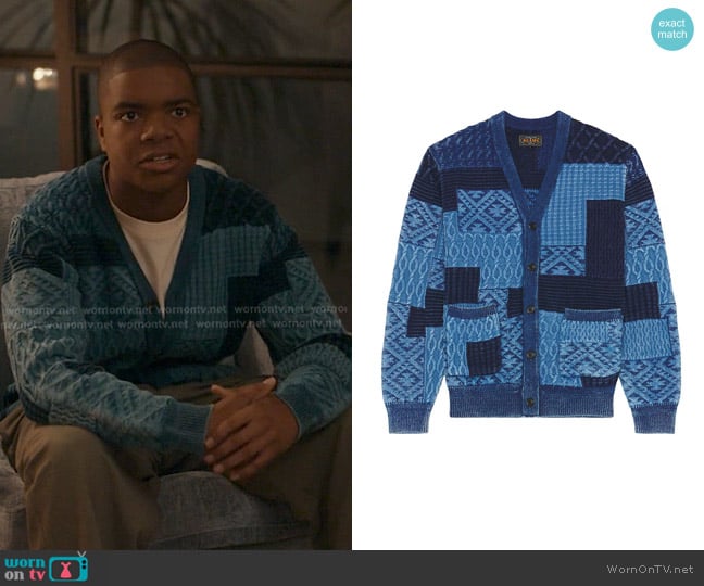 Beams Plus Cardigan Indigo Patchwork Like Jacquard in Indigo worn by Harry Grant (Elijah M. Cooper) on 9-1-1