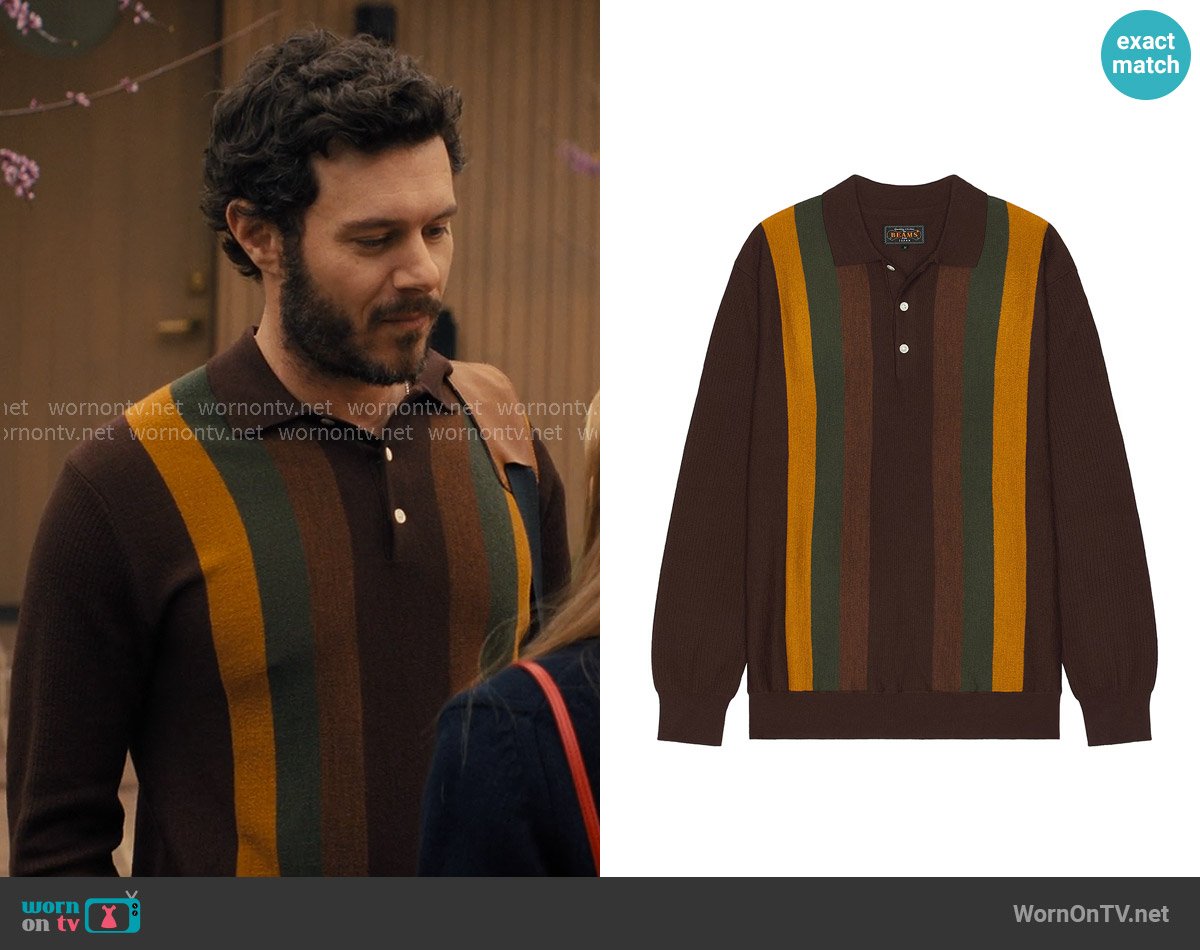 Beams Plus Knit Polo Stripe worn by Noah (Adam Brody) on Nobody Wants This