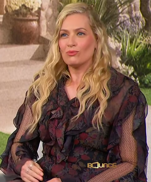 Beth Behrs' black floral print ruffle dress on The Jennifer Hudson Show