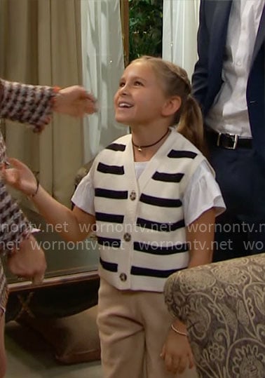 Beth's white ruffled t-shirt and striped sweater vest on The Bold and the Beautiful