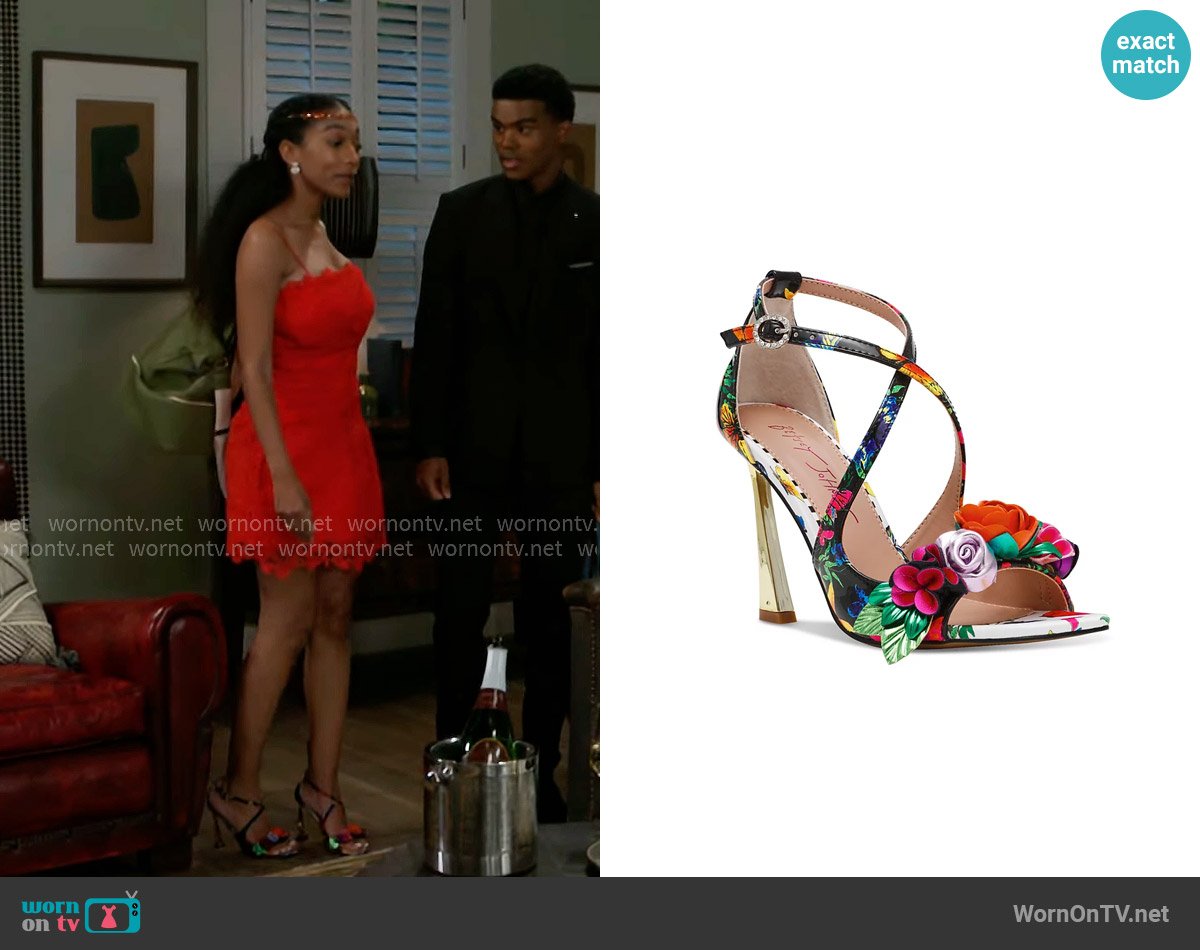 Betsey Johnson Mikah Floral Stiletto Dress Sandals worn by Samantha Richardson (Najah Jackson) on Beyond the Gates
