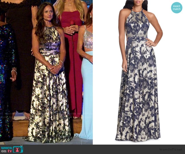 Betsy & Adam Metallic Floral Halter Top Gown worn by Cheryl Steele on The Golden Bachelor