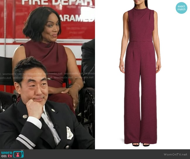 Black Halo Corinne Sleeveless Flared-Leg Jumpsuit in Maroon worn by Angela Bassett on Good Morning America