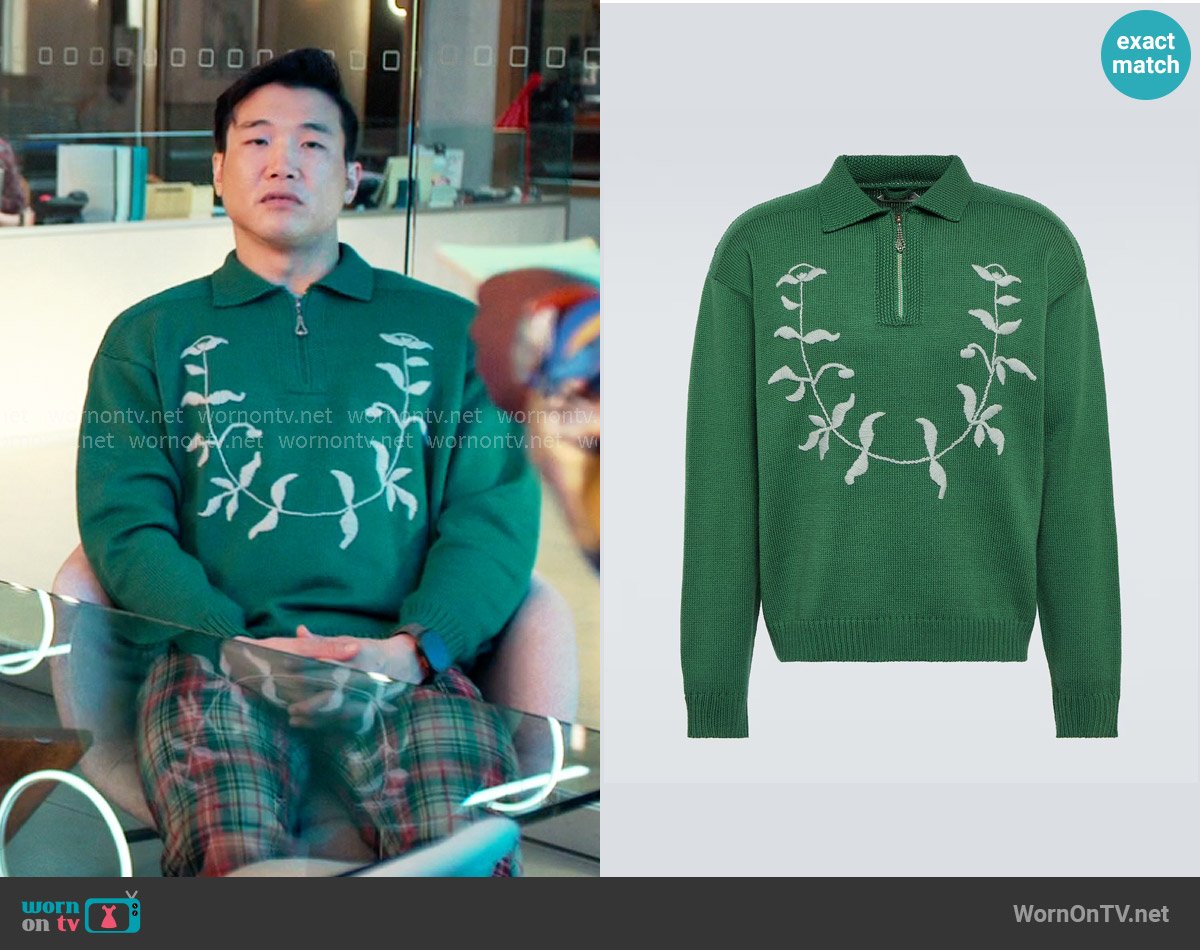 Bode Embroidered wool polo sweater worn by Nicholas (Joel Kim Booster) on Loot