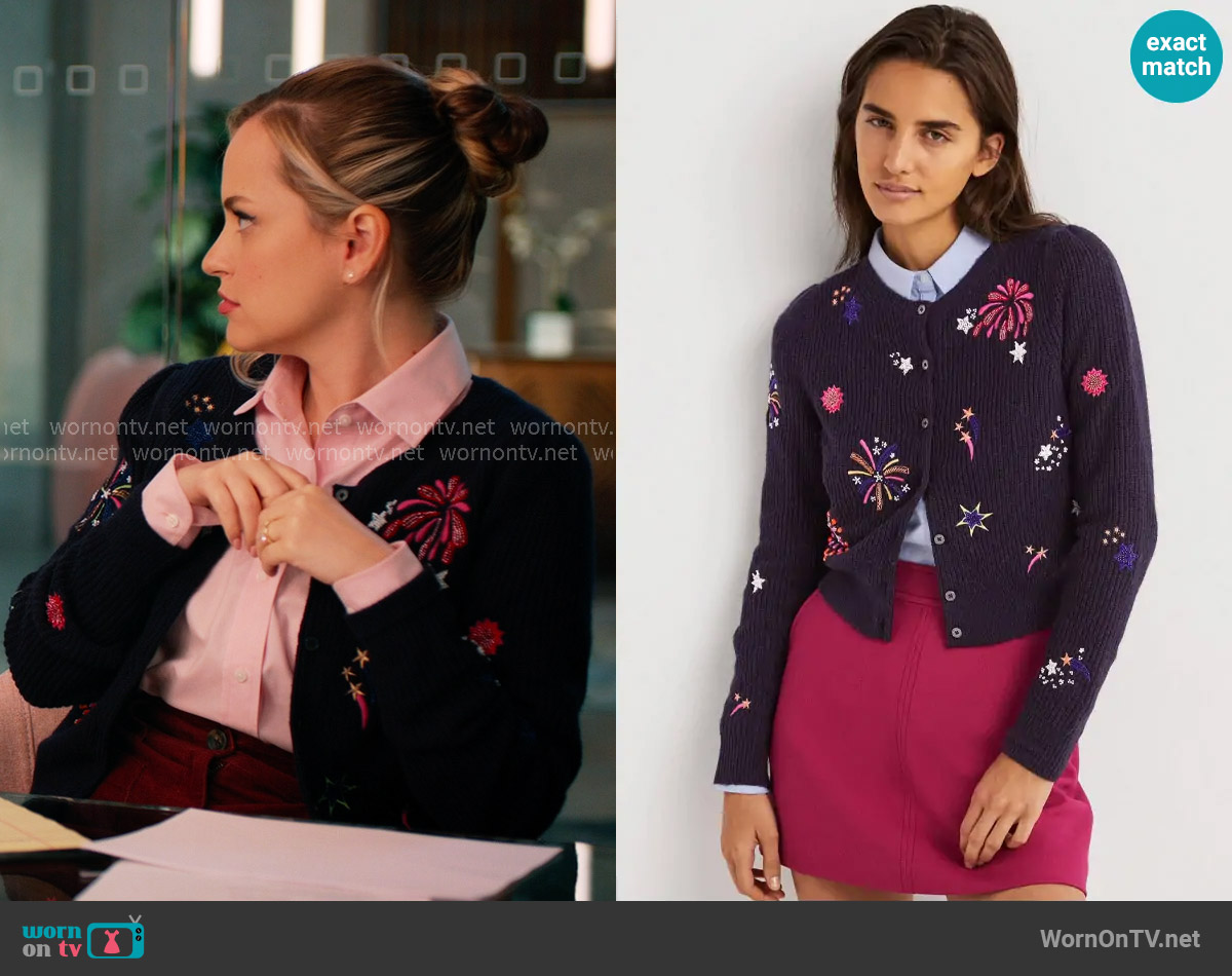 Boden Navy Fireworks-Embellished Ribbed Cardigan worn by Ainsley (Stephanie Styles) on Loot