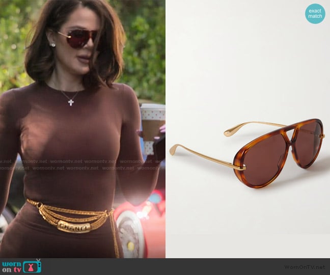 Bottega Veneta Drop oversized aviator-style tortoiseshell Sunglasses worn by Khloe Kardashian (Khloe Kardashian) on The Kardashians