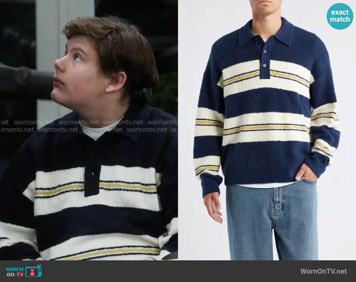 BP Stripe Oversize Polo Sweater in Navy Chad Stripe worn by Carter (Maxwell Simkins) on Shifting Gears