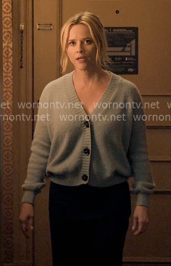 Bradley’s blue v-neck cardigan on The Morning Show