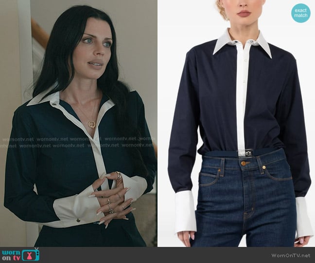 Brandon Maxwell Bradshaw Contrast-collar Poplin-knit Bodysuit in Blue worn by Raquel Drabowski (Julia Fox) on Elsbeth