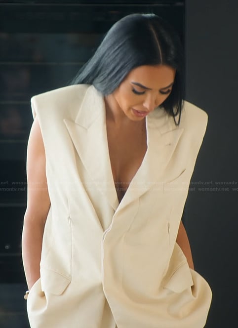 Bre’s ivory padded shoulder vest on Selling Sunset